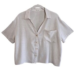 Love Notes, Women's Linen Blend, Short Sleeve, Button Down Shirt, Oatmeal, Sz L